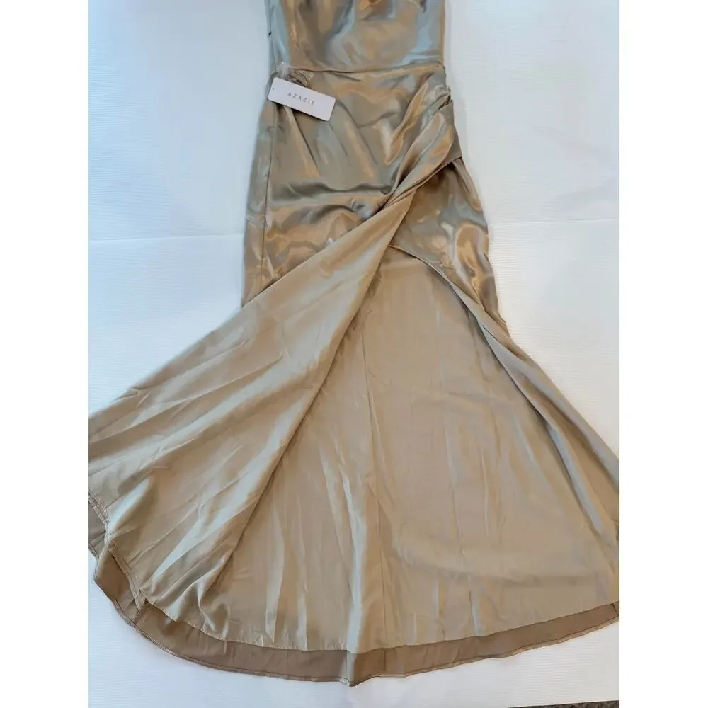 Azazie Leonis Champagne Gold Metallic Satin Mermaid Gown NWT A8 Formal Evening - Picture 13 of 16